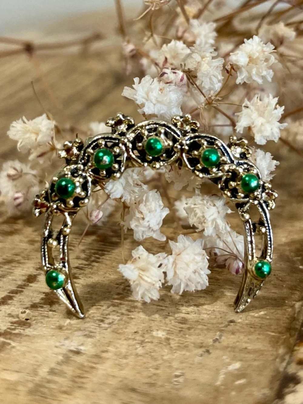Gold Tone and Green Enamel Crescent Brooch
